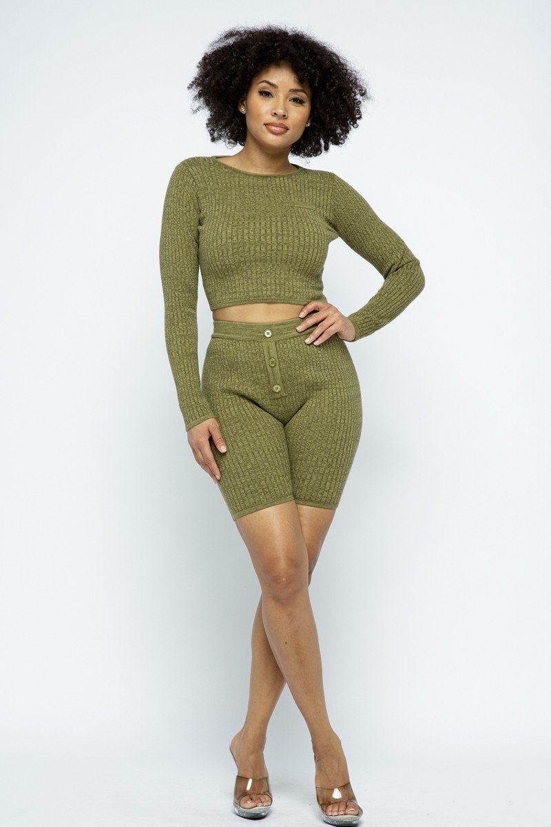 Olive knit two-piece set: long-sleeve cropped top and high-waist biker shorts