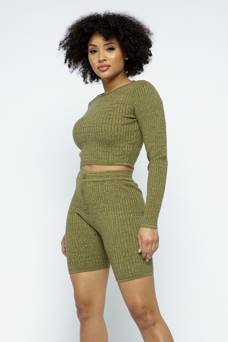 Olive ribbed knit cropped top and high-waist biker shorts with front buttons