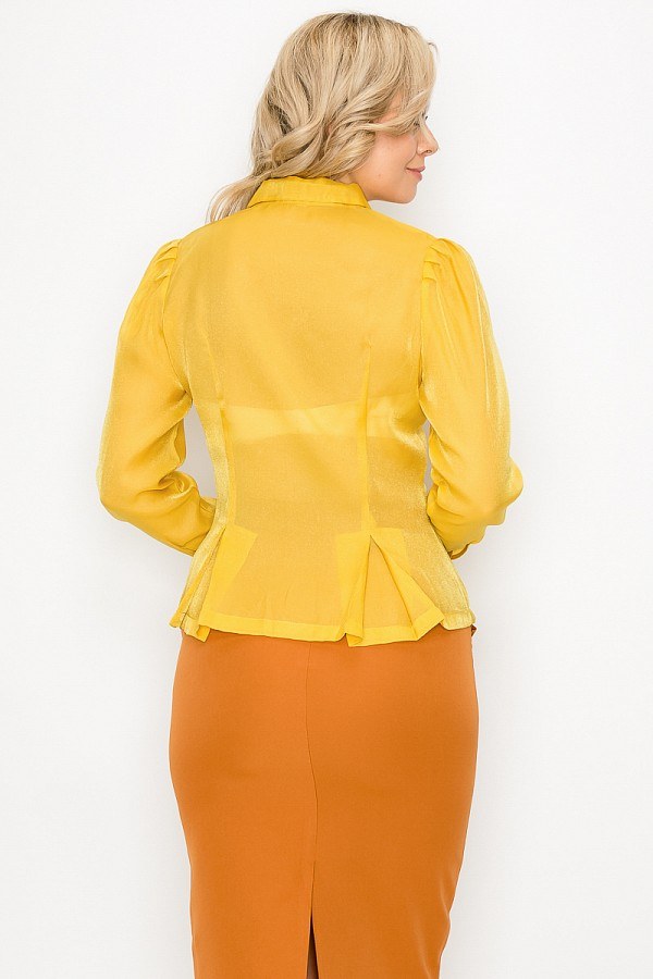 Yellow organza pleated blouse, long sleeves, back peplum hem detail
