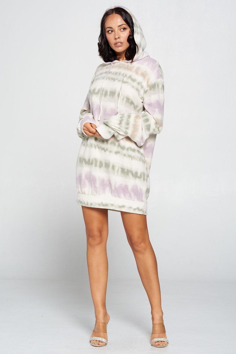 Terry brushed print sweater dress, tie-dye hoodie, front view, pastel purple/green