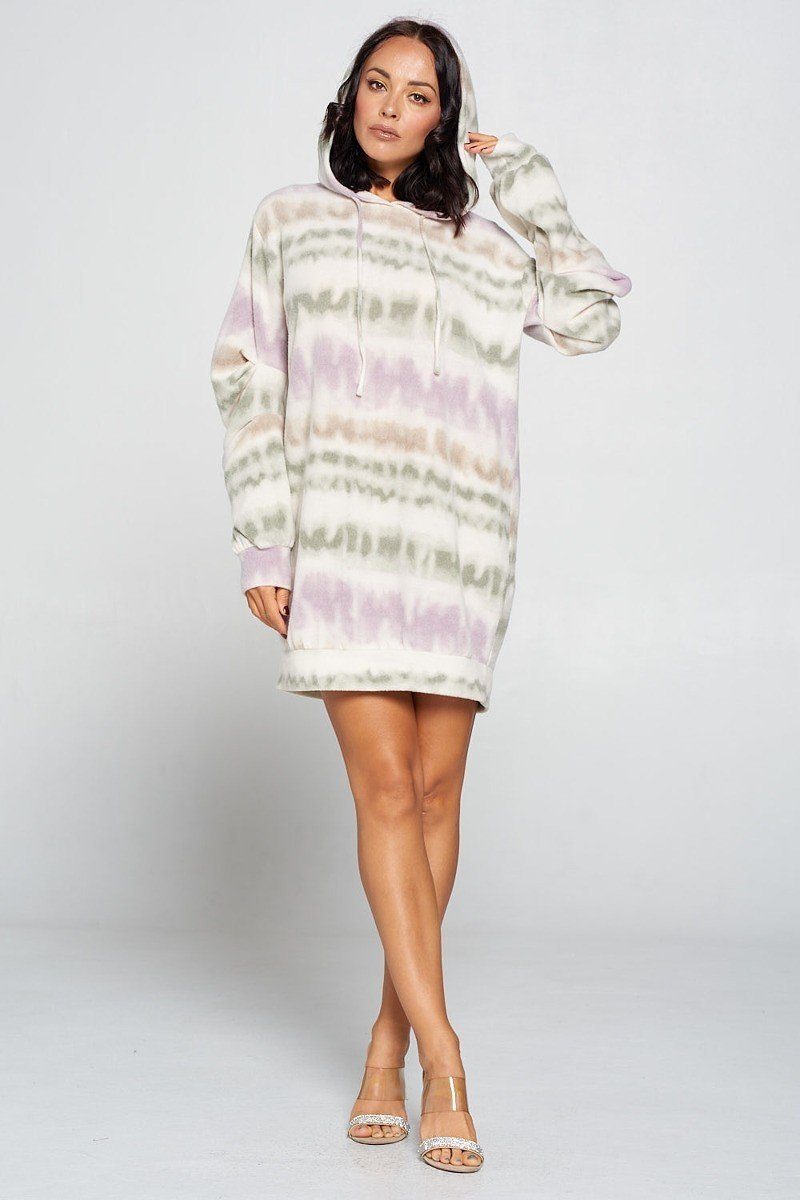 Terry brushed print sweater dress with hood, pullover style, pastel tie-dye, side view