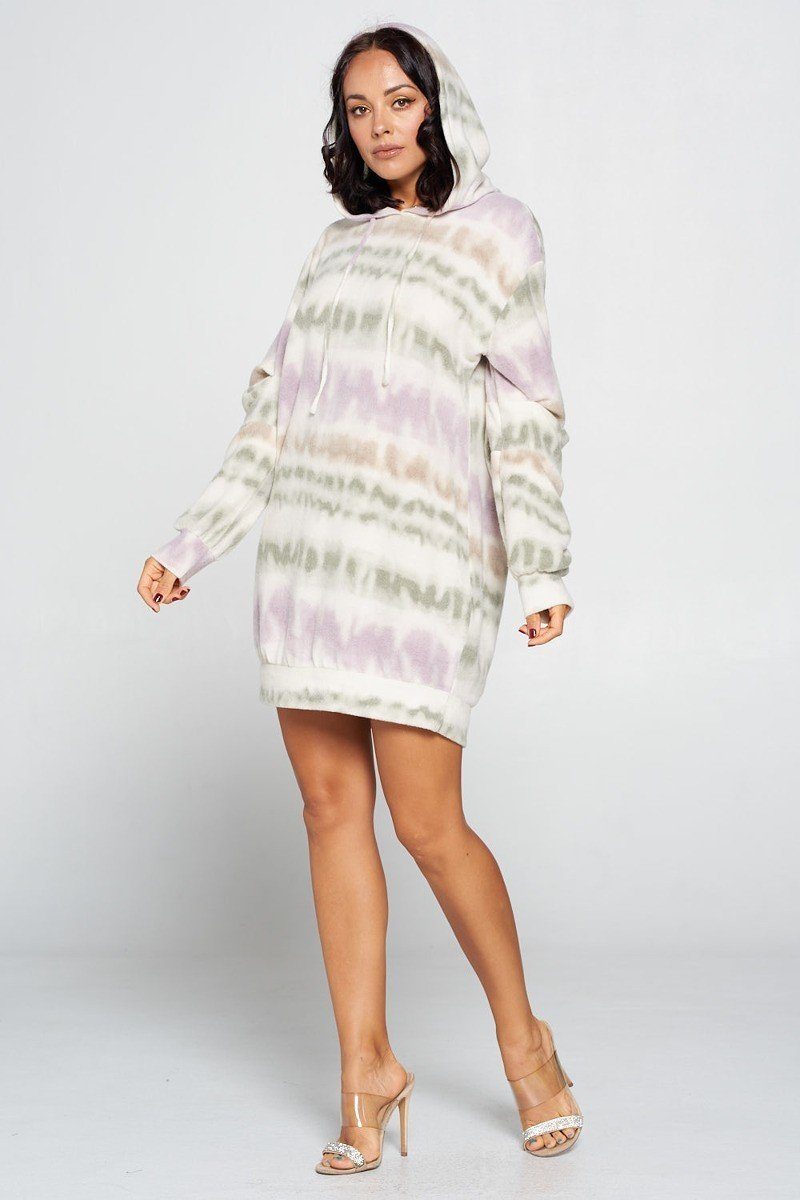 Terry brushed tie-dye sweater dress, relaxed fit, hood up, arms down, pastel tones