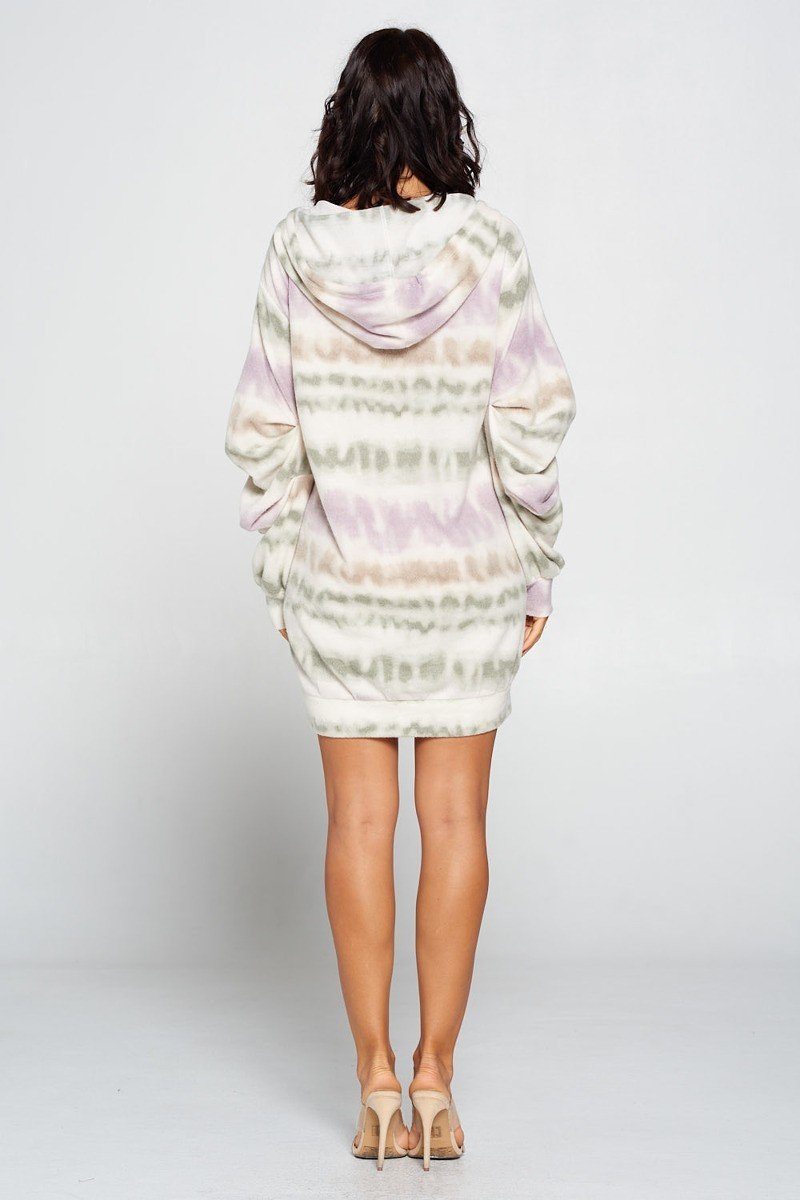 Back view terry brushed sweater dress, tie-dye hoodie, print hem above knee