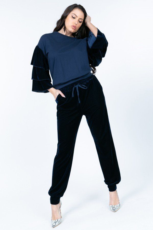 Navy tiered velvet ruffle-sleeve crewneck pullover top, relaxed fit