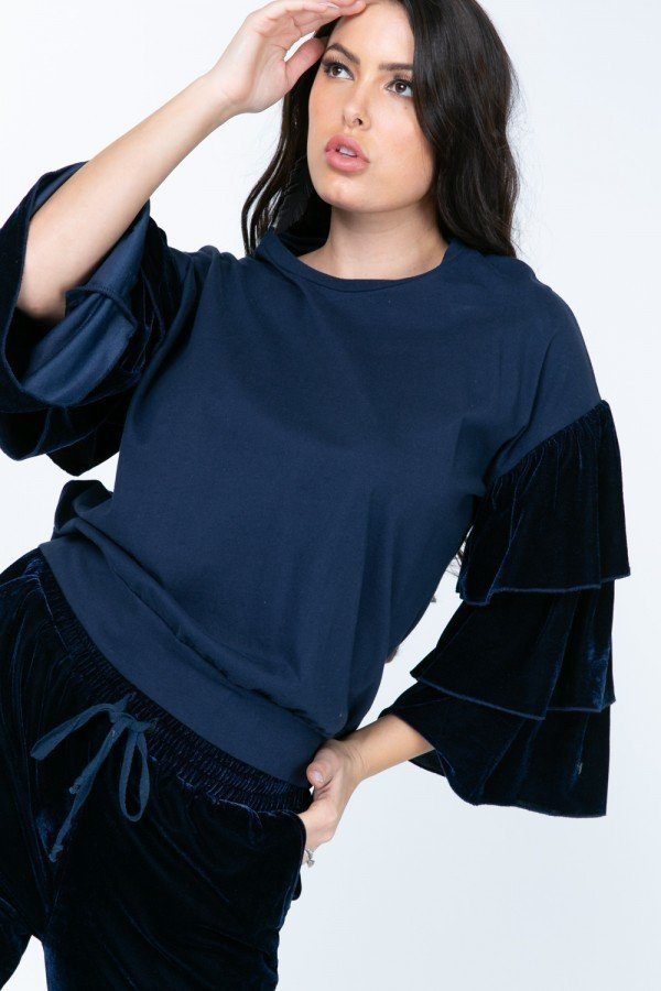 Navy crewneck pullover top with layered velvet ruffle sleeves