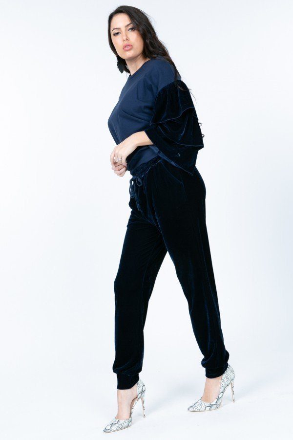 Navy tiered velvet ruffle sleeve pullover, loose shoulders, crew neckline