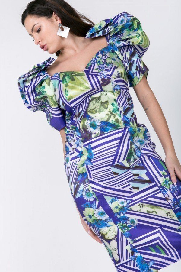 Puff Sleeve Bodycon Print Dress - Tigbul's Variety Fashion Shop