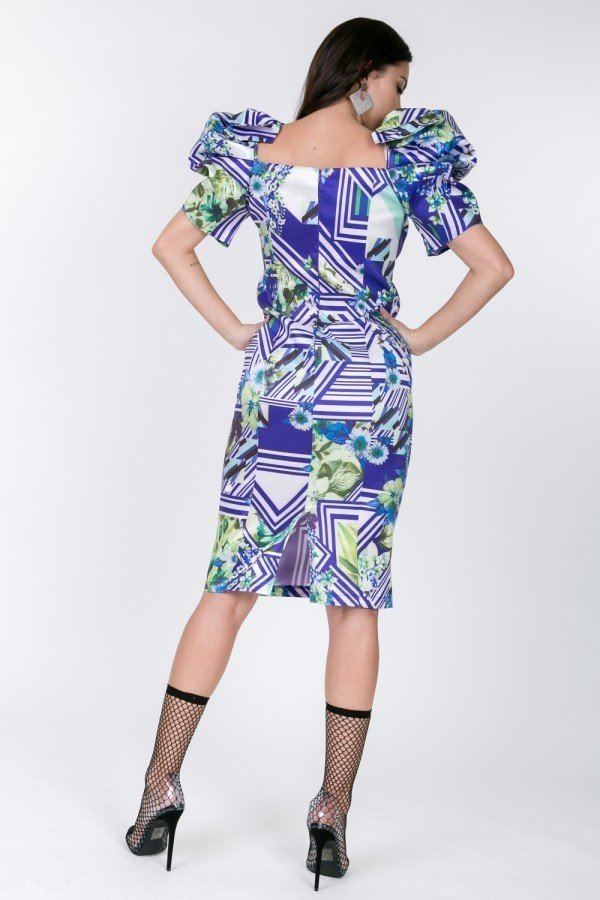 Back view puff-sleeve bodycon print dress, blue geometric floral with waist tie