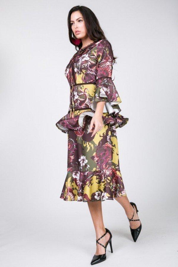 Floral print midi dress with tiered ruffle hem and cascade ruffle sleeves
