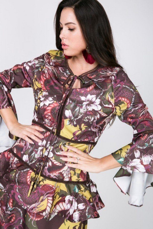 Floral print V-neck midi dress with tie-front and ruffle cuff sleeves