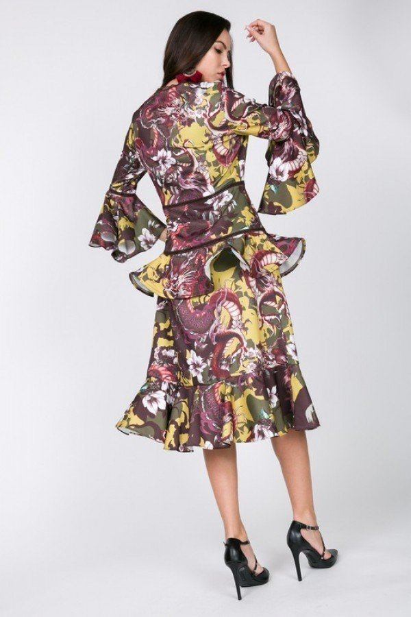 Floral print tiered midi dress with flared ruffle hem and bell ruffle sleeves
