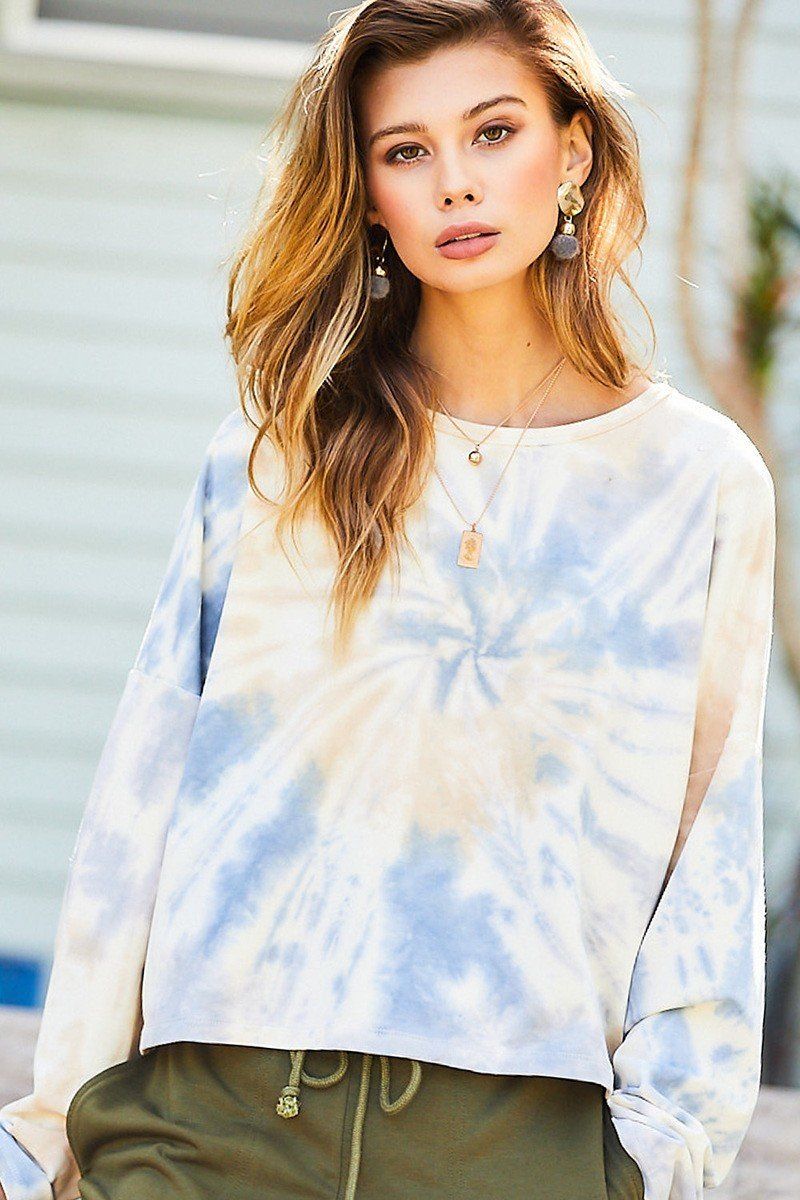 Round-neck crop pullover in blue-and-white tie-dye French terry, oversized fit