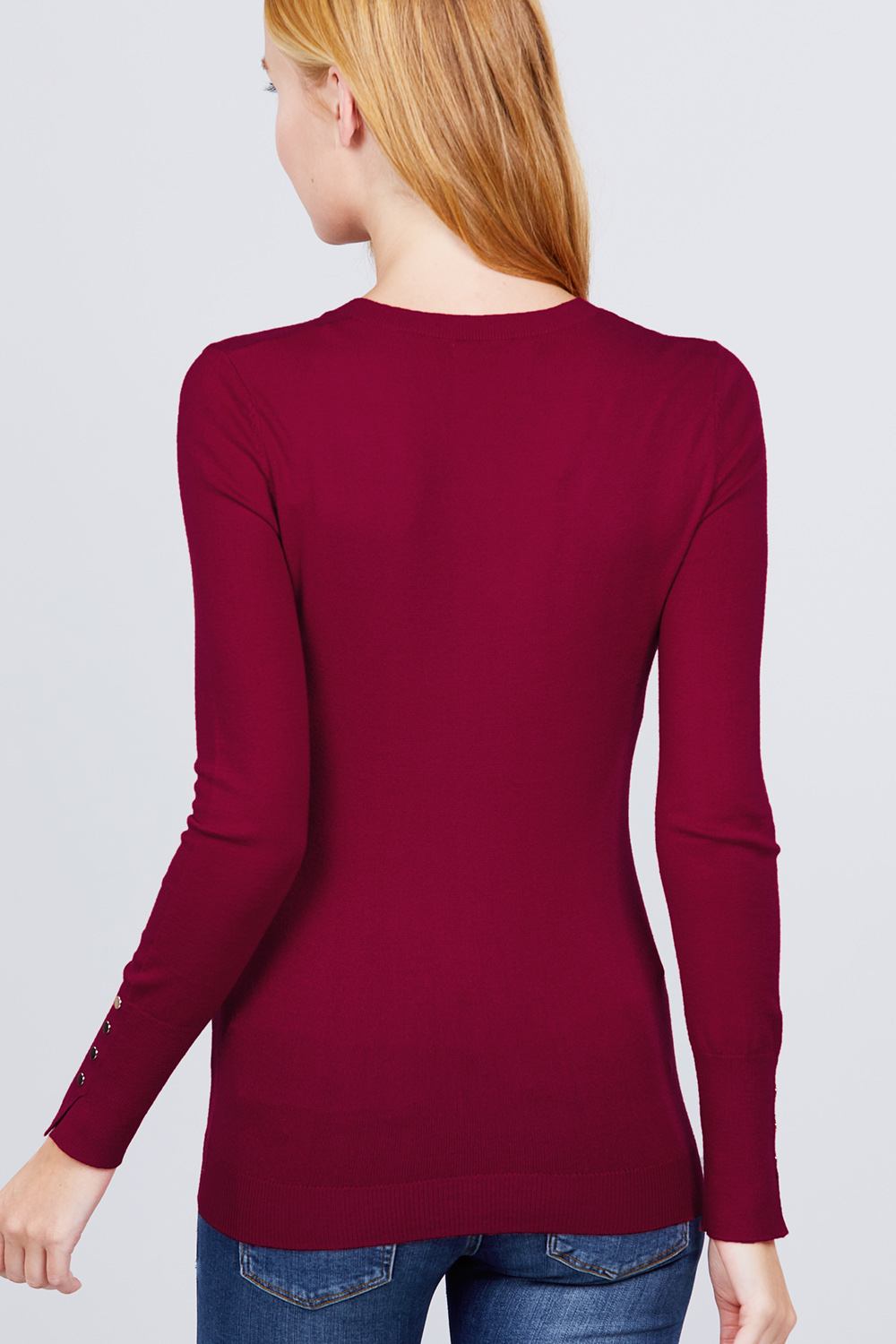 Back view of bordeaux V-neck sweater with long sleeves and ribbed hem