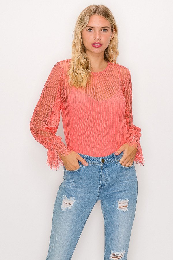 Coral shadow stripe bodysuit with lace bell sleeves and scoop neckline