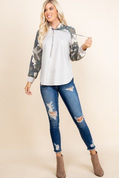 Oatmeal pullover hoodie with camouflage raglan sleeves and drawstring hood, front pocket