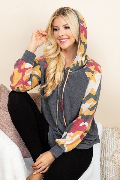 Charcoal hoodie with multicolor camouflage sleeves, front kangaroo pocket, drawstring hood