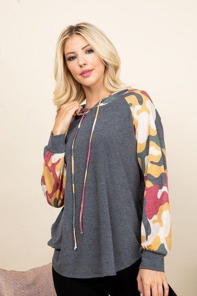 Charcoal pullover hoodie with camo raglan sleeves and long drawstring ties