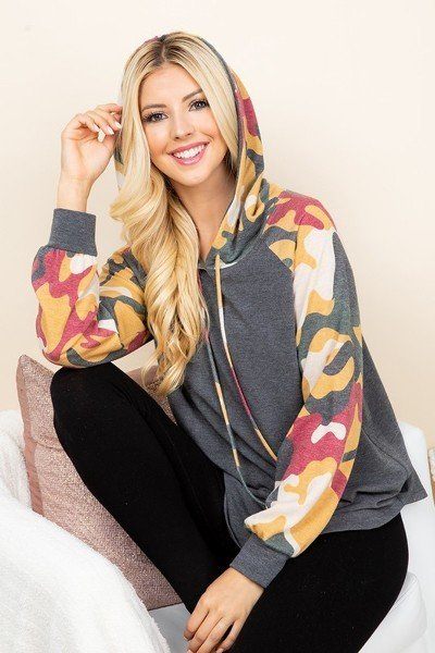 Charcoal French terry hoodie, multicolor camo hood and sleeves, front pocket
