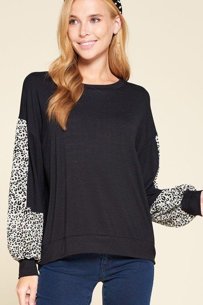 Solid jersey casual top with black body and leopard-print contrast sleeves