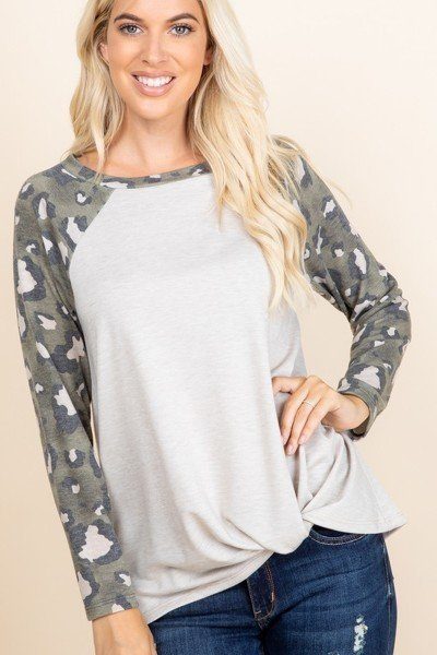 Oat French terry side-twist top with gray camo animal-print long raglan sleeves