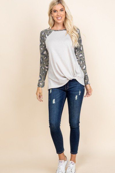 Oat long-sleeve side-twist top with gray camo animal-print sleeves and crew neckline