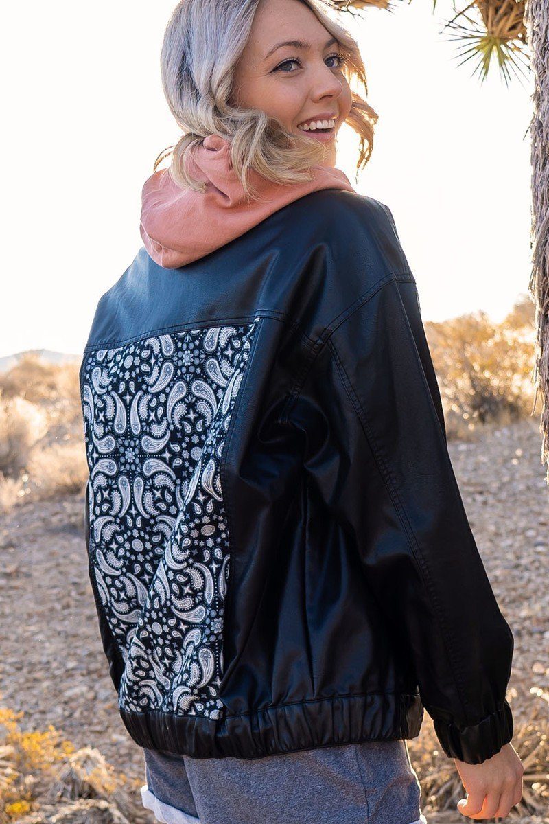 Dark faux leather jacket with paisley-pattern front panel and elastic hem