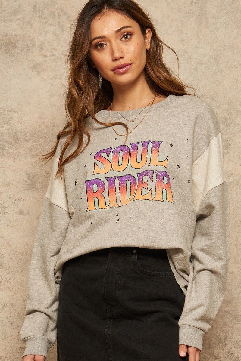 Heather gray French terry sweatshirt with “Soul Rider” graphic on chest