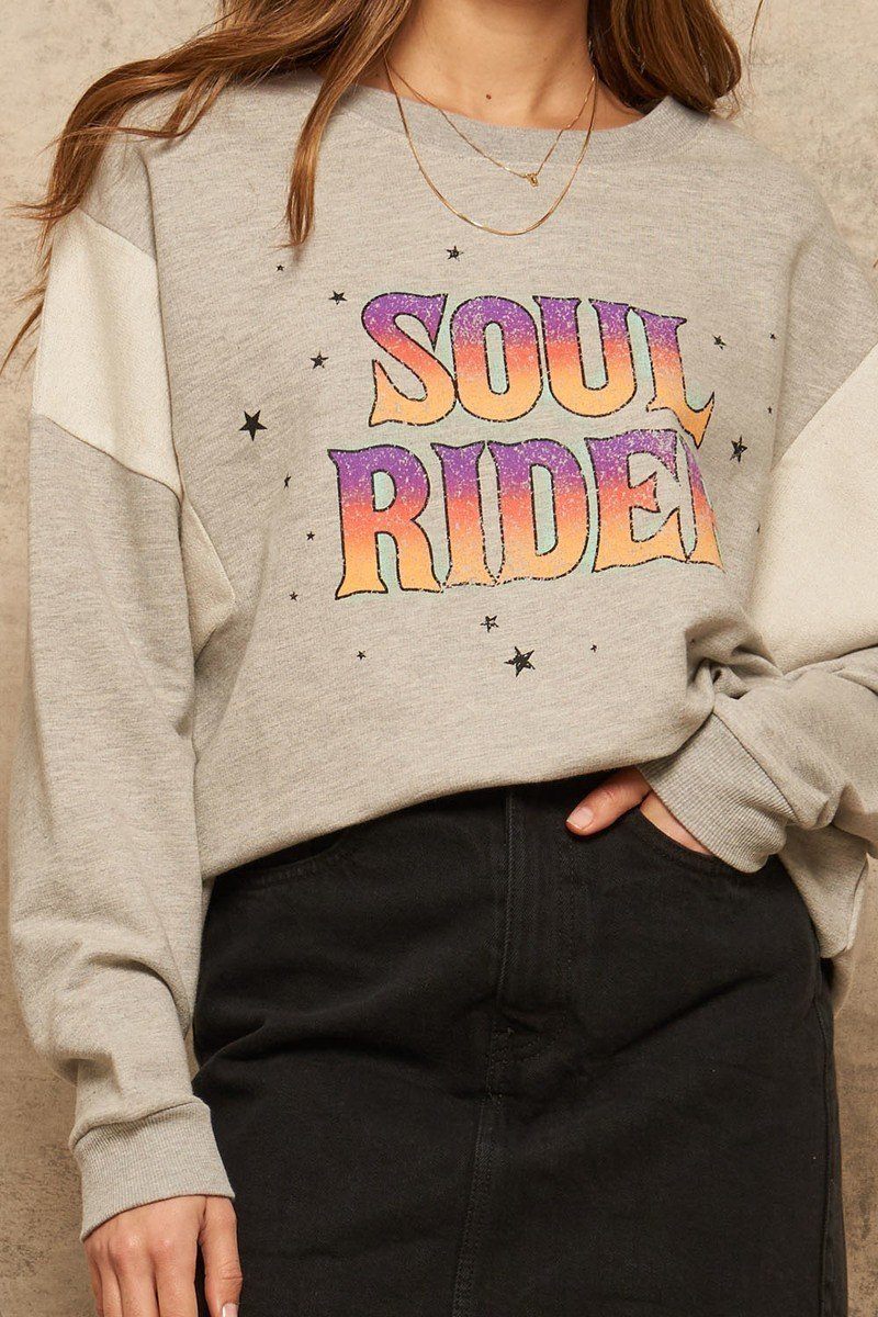 “Soul Rider” graphic sweatshirt with dropped-shoulder sleeves and crew neck