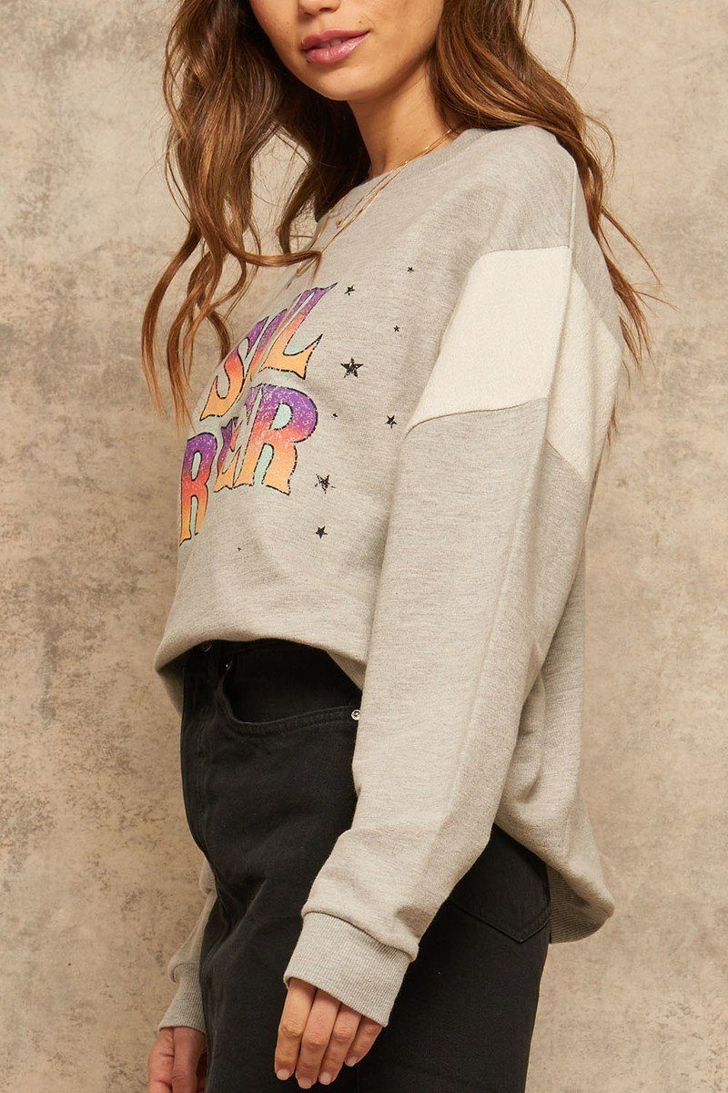 Heather gray sweatshirt with Soul Rider print and contrasting sleeve panel
