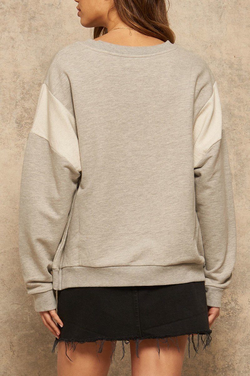 Heather gray French terry sweatshirt back view with crew neck and long sleeves