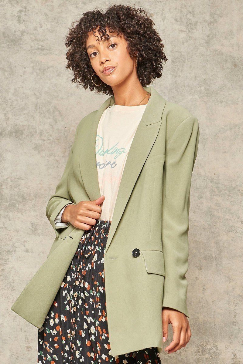 Sage solid woven blazer with notch lapels, front flap pockets, and one-button closure