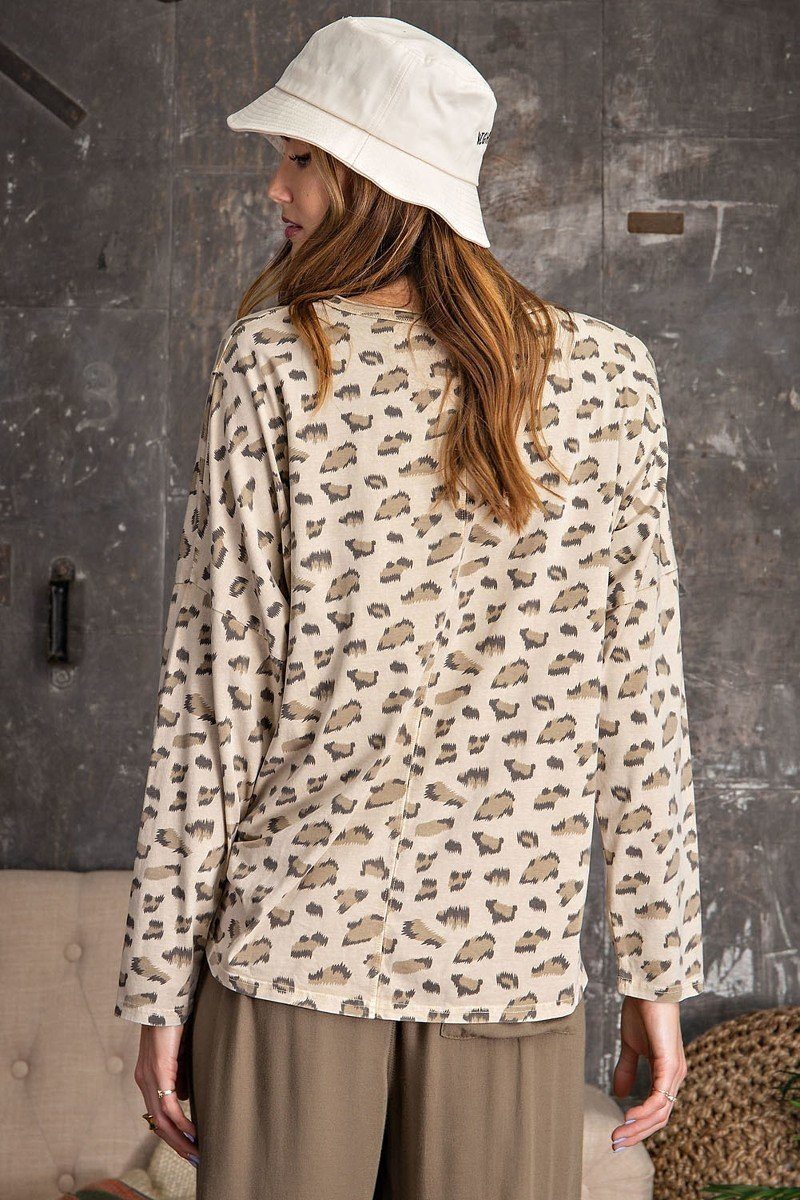 Leopard-print knit top, relaxed fit; crew neckline; off-white with dark spots