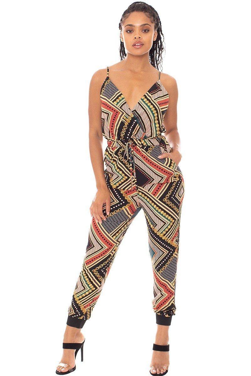 Wrap drawstring jumpsuit with bold geometric print, V-neck and spaghetti straps