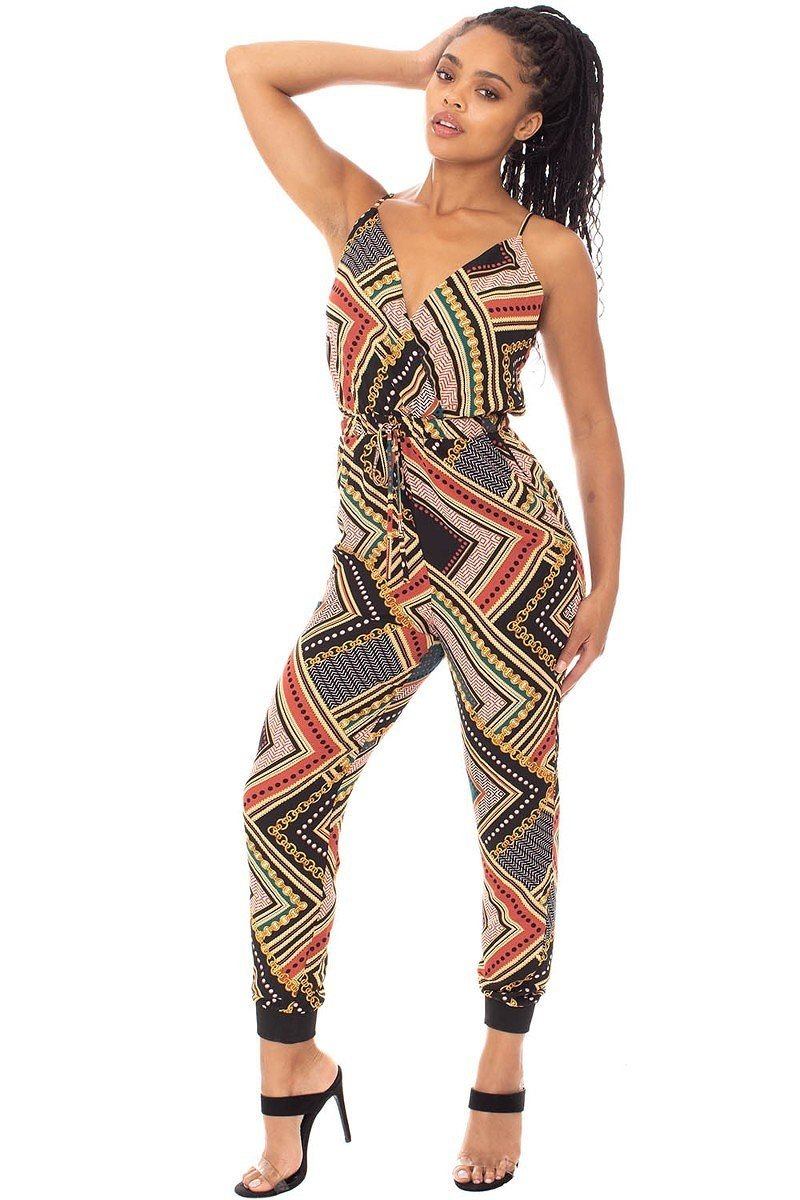 Geometric print wrap jumpsuit with adjustable drawstring waist and ankle cuffs