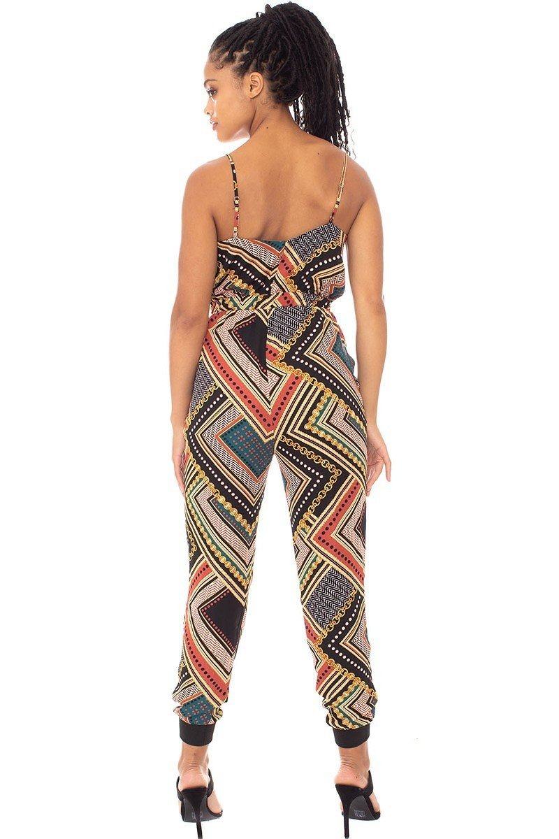 Back view of wrap drawstring jumpsuit with geometric print and spaghetti straps