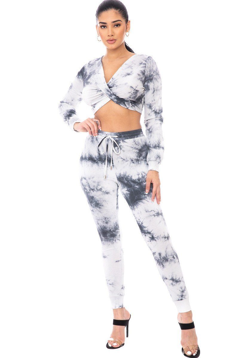 Tie Dye Ribbed Sweater Set, charcoal-gray & white, cropped top and jogger pants