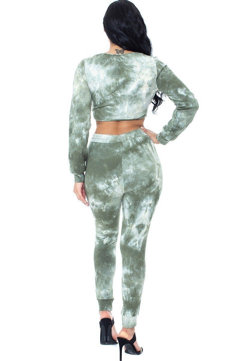 Olive tie-dye ribbed sweater set, back crop top with long sleeves and tapered jogger pants