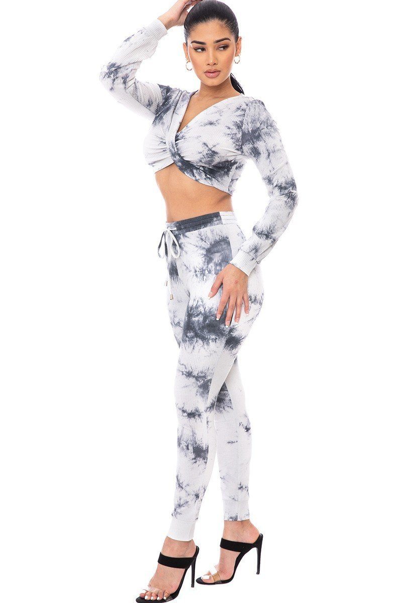 Tie Dye Ribbed Sweater Set, charcoal-gray/white, twist-front crop top & drawstring joggers