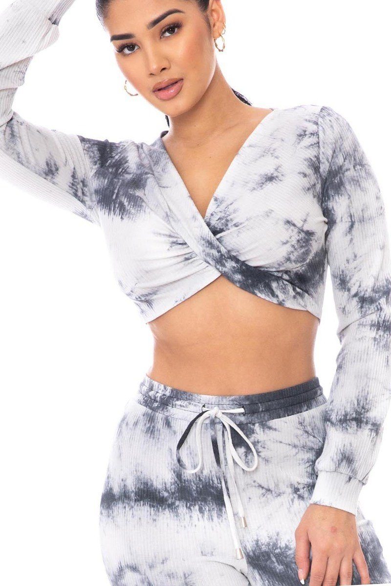 Tie-dye ribbed crop top with twist front; matching joggers with drawstring, charcoal/white