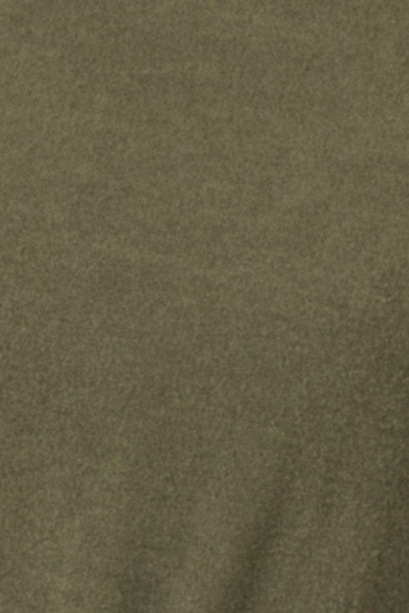 Close-up of olive knit fabric texture from a wide-neck knit top