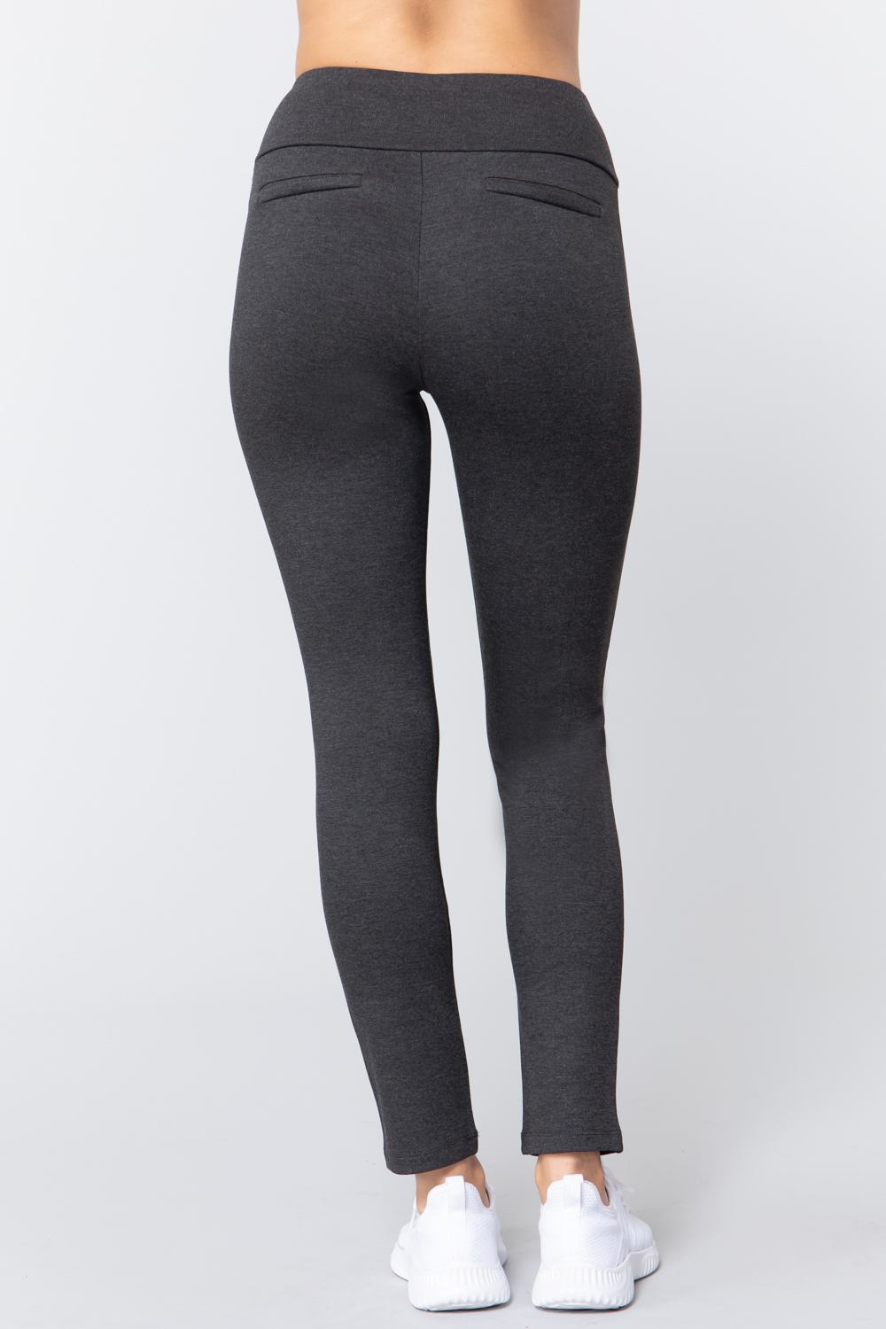 Charcoal grey ponte pants, back view with wide waistband and tapered leg
