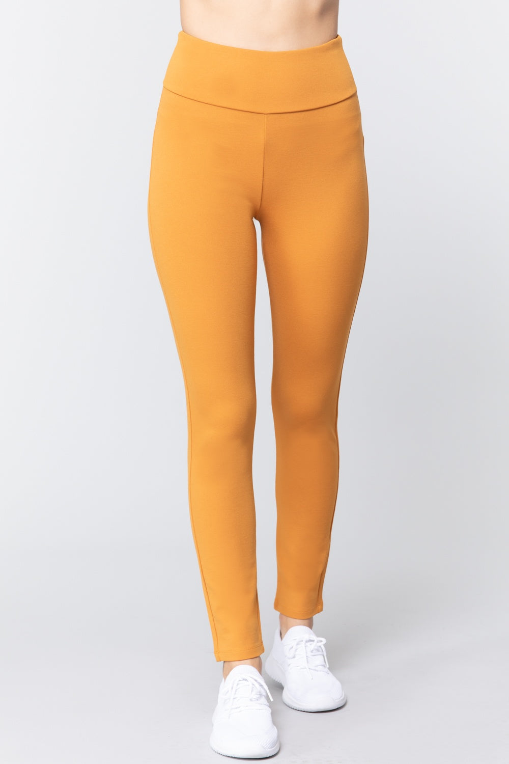 Waist Band Long Ponte Pants in Deep Mustard, slim long-leg fit with wide waistband