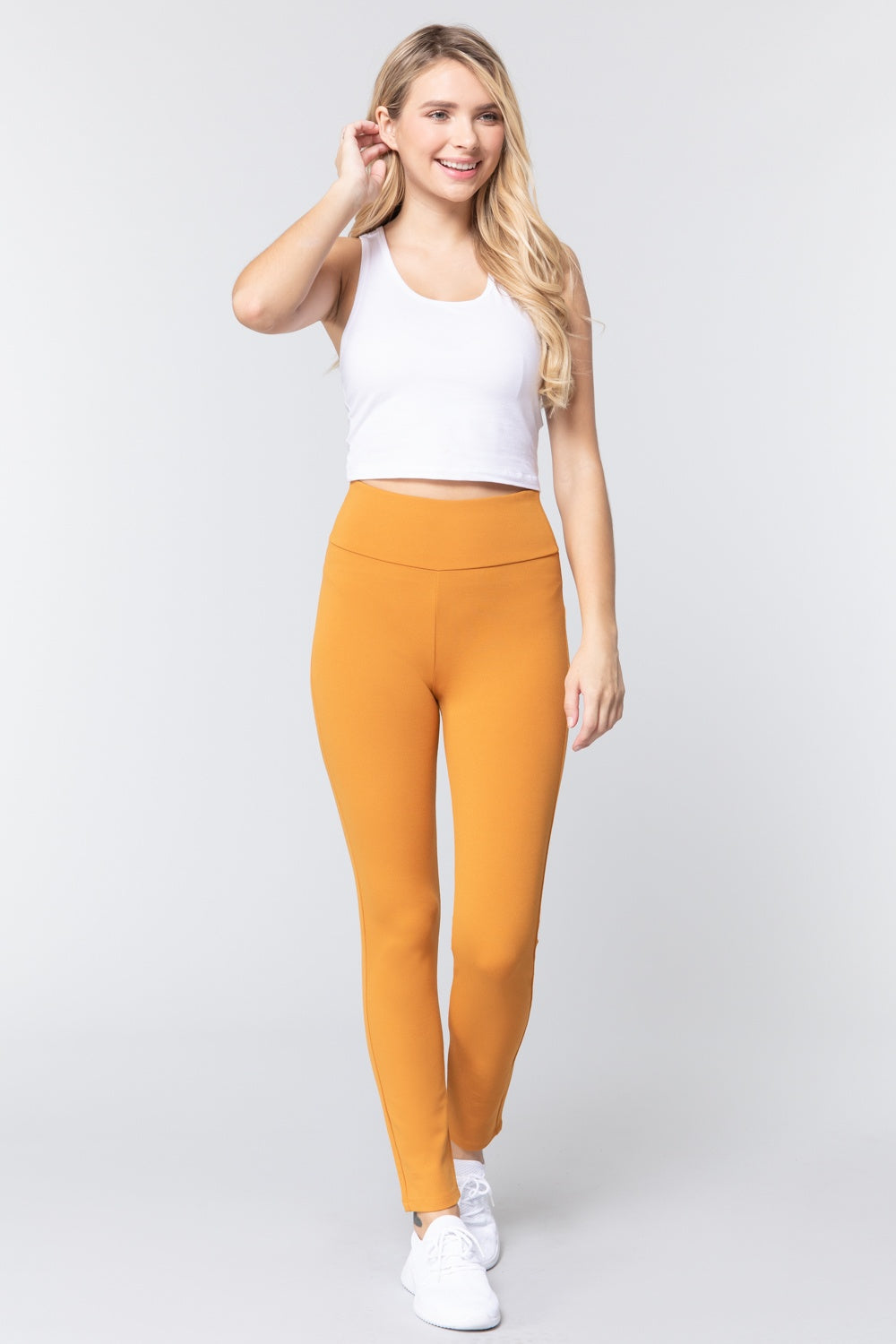 Deep Mustard waist band long ponte pants, tapered long length with smooth pull-on fit