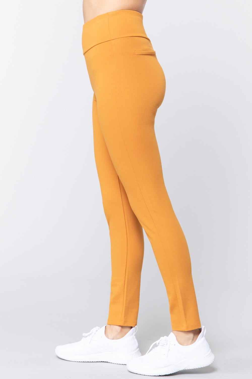 Deep Mustard ponte long pants, side view with wide waistband and tapered legs