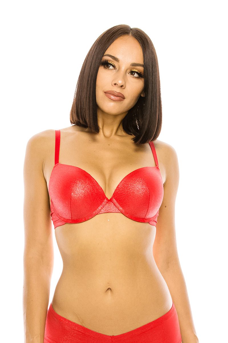 Ruched two-piece set: underwired bra with thin straps and matching bottoms, red