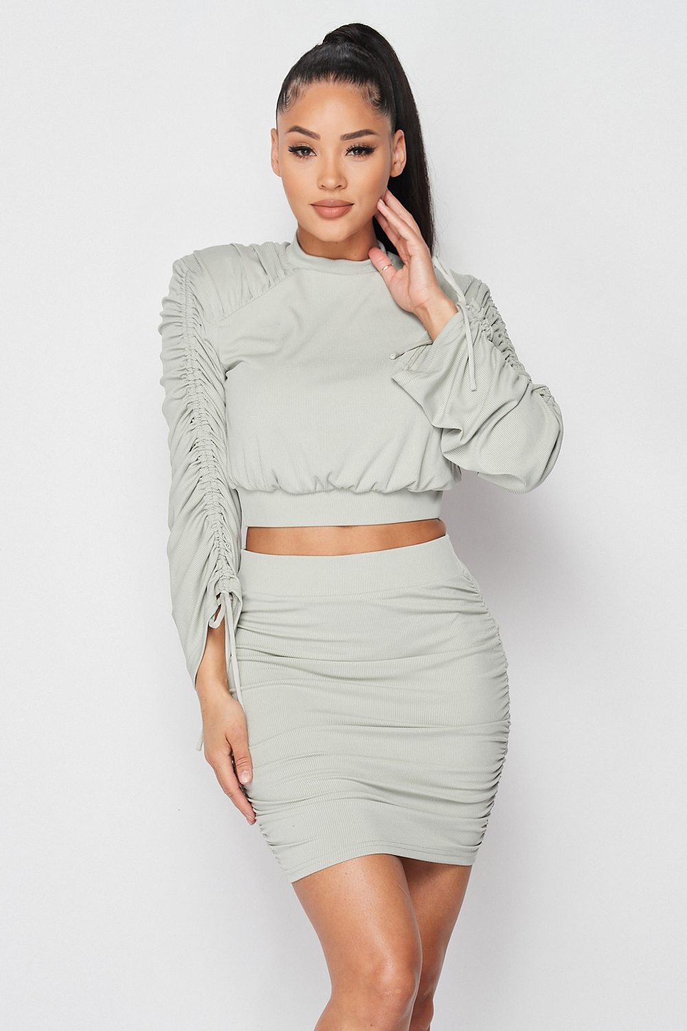 Ruched Long Sleeve And Skirt Set - Tigbul's Variety Fashion Shop