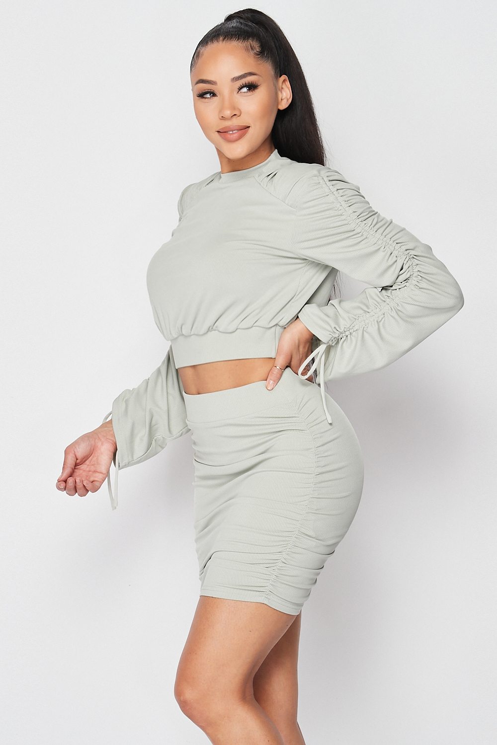 Ruched long-sleeve set (dusty mint): side-tied sleeves with cropped top and ruched skirt