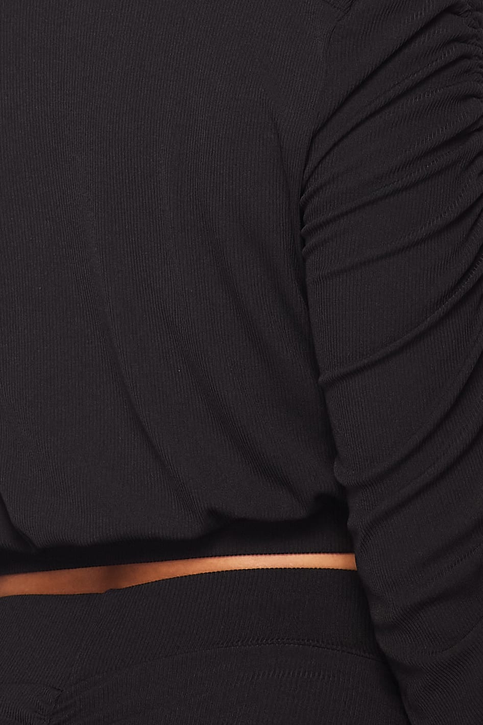 Ruched long-sleeve set top: black long sleeve crop with gathered detailing at side