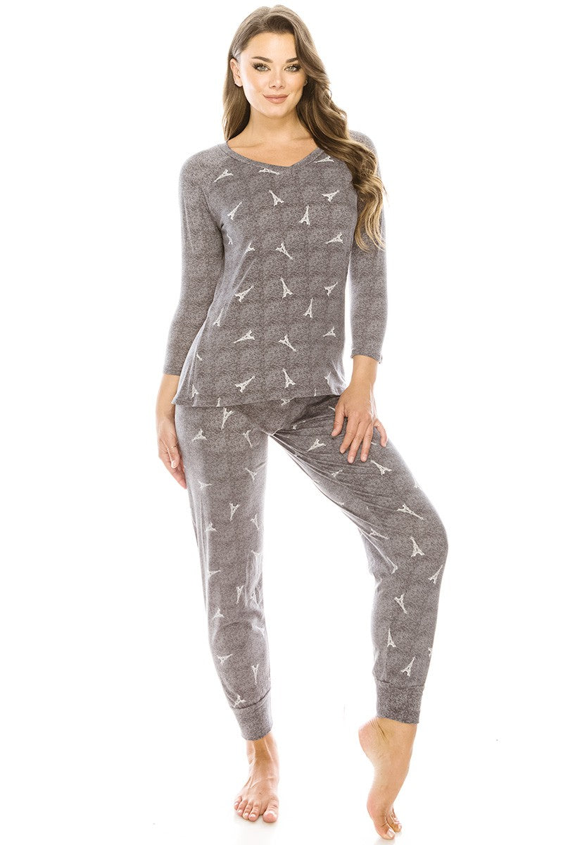Knit top with bird print, long sleeves; matching jogger pants, grey melange
