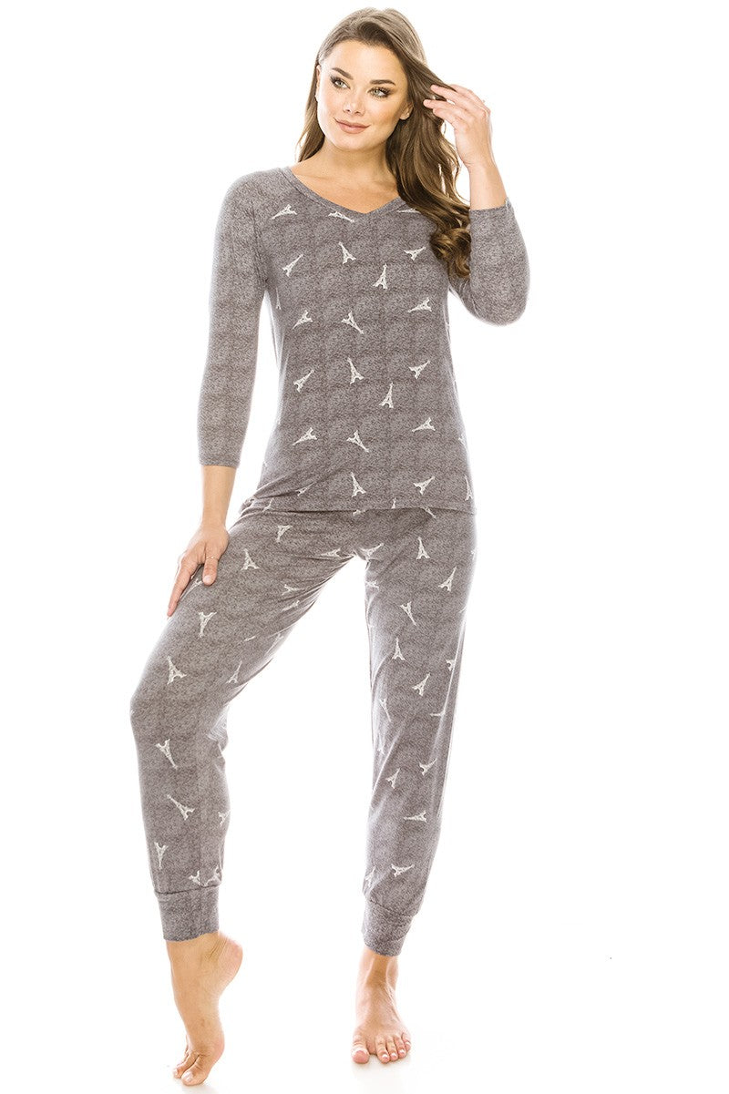 Grey knit set with bird print: long-sleeve top and matching joggers, front view